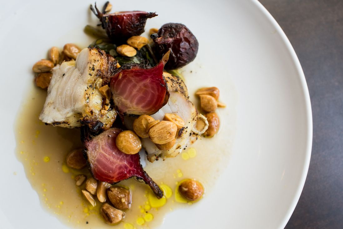Grilled monkfish with almonds and beets<br>